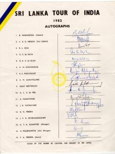 Sri Lanka tour to India 1982. Rarer official autograph sheet with printed title and players&rsquo; names, fully signed in ink by all seventeen listed members of the Sri Lanka touring party. Signatures are Warnapura (Captain), Mendis, Dias, D.S. de Silva, G.R.A.