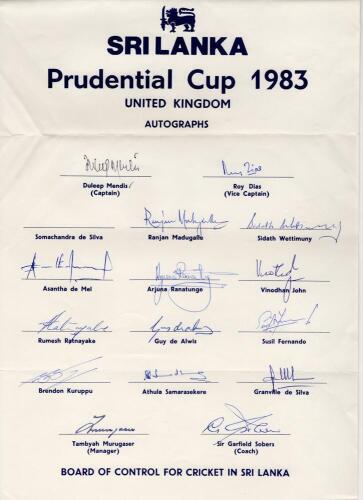 Sri Lanka tour to England, Prudential World Cup 1983. Official autograph sheet with printed title and players&rsquo; names, fully signed in ink by all sixteen listed members of the Sri Lanka touring party. Signatures are Mendis (Captain), Dias, S. de Silva, Mad