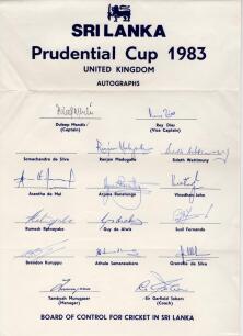 Sri Lanka tour to England, Prudential World Cup 1983. Official autograph sheet with printed title and players&rsquo; names, fully signed in ink by all sixteen listed members of the Sri Lanka touring party. Signatures are Mendis (Captain), Dias, S. de Silva, Mad
