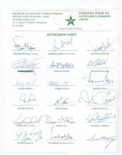 Pakistan tour to South Africa and Zimbabwe 1994/95. Official autograph sheet signed by seventeen of the eighteen members of the Pakistan touring party. Signatures include Saleem Malik (Captain), Asif Mujtaba, Rashid Latif, Wasim Akram, Ejaz Ahmed, Saeed A
