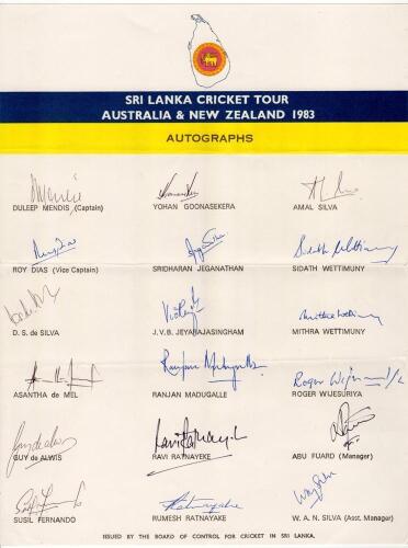 Sri Lanka tour to Australia & New Zealand 1983. Official autograph sheet with printed title and players&rsquo; names, signed in ink by seventeen listed members of the Sri Lanka touring party. Signatures are Mendis (Captain), Dias, S. de Silva, de Mel, de Alwis,