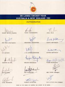 Sri Lanka tour to Australia & New Zealand 1983. Official autograph sheet with printed title and players&rsquo; names, signed in ink by seventeen listed members of the Sri Lanka touring party. Signatures are Mendis (Captain), Dias, S. de Silva, de Mel, de Alwis,