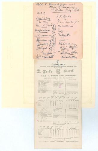 &lsquo;M.C.C. v House of Lords and House of Commons&rsquo; 1926. Large album page very nicely signed in black ink by all twenty two players who took part in the one day match played at Lord&rsquo;s on 24th July 1926. The M.C.C. team included some who played County cricket,