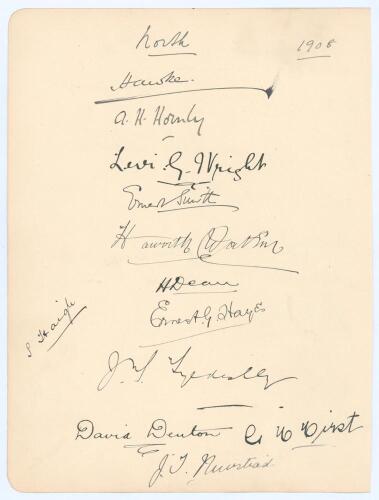 South v North, The Oval, 10th-12th September 1908. Large album page very nicely signed in ink by the North team. The twelve signatures are Hawke (Capt), A.H. Hornby, Levi Wright, E. Smith, Haworth Watson (Yorkshire wicket-keeper), H. Dean, E. Hayes, Tylde