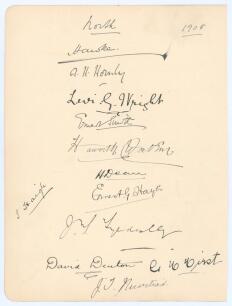 South v North, The Oval, 10th-12th September 1908. Large album page very nicely signed in ink by the North team. The twelve signatures are Hawke (Capt), A.H. Hornby, Levi Wright, E. Smith, Haworth Watson (Yorkshire wicket-keeper), H. Dean, E. Hayes, Tylde
