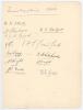 South v North, The Oval, 10th-12th September 1908. Large album page very nicely signed in ink by the North team. The twelve signatures are Hawke (Capt), A.H. Hornby, Levi Wright, E. Smith, Haworth Watson (Yorkshire wicket-keeper), H. Dean, E. Hayes, Tylde - 2