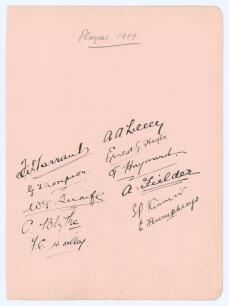 Gentlemen v Players, The Oval, 8th-10th July 1909. Large album page very nicely signed in ink by the Players team. The eleven signatures are A.A. Lilley (Cpt), E. Hayes, T. Hayward, A. Fielder, S.P. Kinnier, E, Humphreys, F. Tarrant, G. Thompson, W.G. Qua