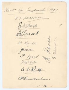 Rest of England v Kent (Champion County), The Oval, 13th-15th September 1909. Large album page very nicely signed in ink by the Rest of England team. The eleven signatures are P.F. Warner (Cpt), E. Hayes, F. Tarrant, Denton, Hobbs, Mead, T.W. Oates, A.E. 