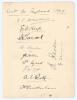 Rest of England v Kent (Champion County), The Oval, 13th-15th September 1909. Large album page very nicely signed in ink by the Rest of England team. The eleven signatures are P.F. Warner (Cpt), E. Hayes, F. Tarrant, Denton, Hobbs, Mead, T.W. Oates, A.E. 