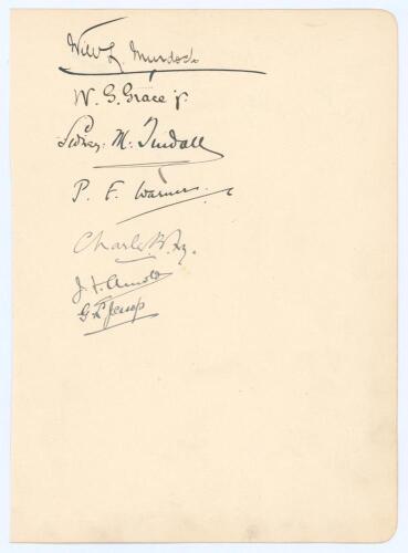 London County Cricket Club 1900. Large album page very nicely signed in ink by members of the London County team who played Surrey at The Oval, plus other members, on 16th to 18th April 1900. Signatures of the players who played in the match are W.G. Grac
