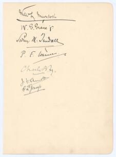 London County Cricket Club 1900. Large album page very nicely signed in ink by members of the London County team who played Surrey at The Oval, plus other members, on 16th to 18th April 1900. Signatures of the players who played in the match are W.G. Grac