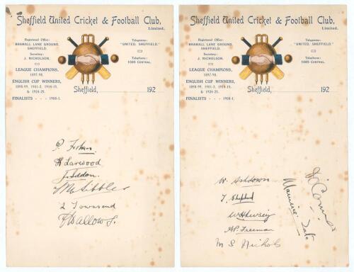 North v South Test Trial 1927. Two sheets of attractive colour letterheads for Sheffield United Cricket & Football Club, Bramall Lane, Sheffield. One page nicely signed in black in by six members of the North team, the other similarly signed by seven of t