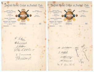 North v South Test Trial 1927. Two sheets of attractive colour letterheads for Sheffield United Cricket & Football Club, Bramall Lane, Sheffield. One page nicely signed in black in by six members of the North team, the other similarly signed by seven of t