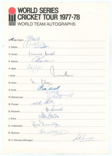 World Team. &lsquo;World Series Cricket Tour 1977-78&rsquo;. Official autograph sheet with printed title and players&rsquo; names, nicely and fully signed by the fifteen members of the World Team. Signatures are Greig (Captain), Zaheer Abbas, Amiss, Barlow, Asif Iqbal, Imr
