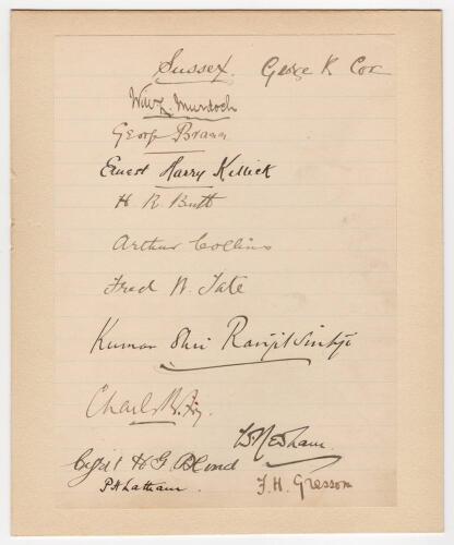 Sussex C.C.C. 1899. Large original lined page beautifully signed in ink by the Sussex team who played Kent at The Angel Ground, Tonbridge on the 5th to 7th June 1899. Thirteen signatures in total, the eleven that played at Tonbridge plus the signatures of