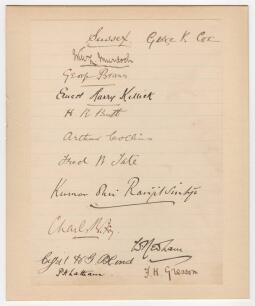 Sussex C.C.C. 1899. Large original lined page beautifully signed in ink by the Sussex team who played Kent at The Angel Ground, Tonbridge on the 5th to 7th June 1899. Thirteen signatures in total, the eleven that played at Tonbridge plus the signatures of
