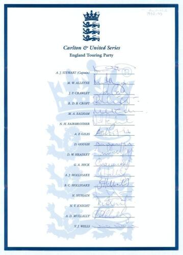 England tour to Australia 1998/99. Official E.C.B. autograph sheet for the Carlton & United Tri-nation one day international series held in Australia 1998/99 with printed title and players&rsquo; names. Fully signed by all sixteen listed England players. Signat