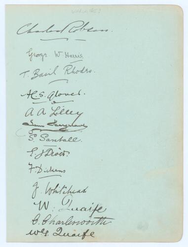 Warwickshire 1899. Large album page very nicely signed in ink by the Warwickshire team. Thirteen signatures in total, the first two signatures of Charles Robson and George W. Harris are Hampshire players. The remaining eleven signatures signed below are A