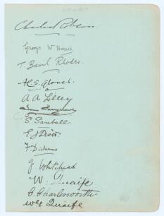 Warwickshire 1899. Large album page very nicely signed in ink by the Warwickshire team. Thirteen signatures in total, the first two signatures of Charles Robson and George W. Harris are Hampshire players. The remaining eleven signatures signed below are A