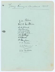 Young Surrey Amateurs 1908. Large album page very nicely signed in ink by the Young Surrey Amateurs team. Twelve signatures including Palmer, Vidal, Bowen, I.P.F. Campbell, R.J. Campbell, Holloway, Rawson, Keddie, Coleman, Malleson etc. The page measures 