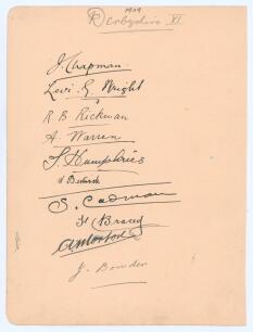 Derbyshire 1909. Large album page very nicely signed in ink by the Derbyshire team. Ten signatures, Chapman, Levi Wright, Rickman, Warren, Humphries, Bestwick, Cadman, Bracey, Morton and Bowden. To the verso are seven ink signatures of the Essex team of 1