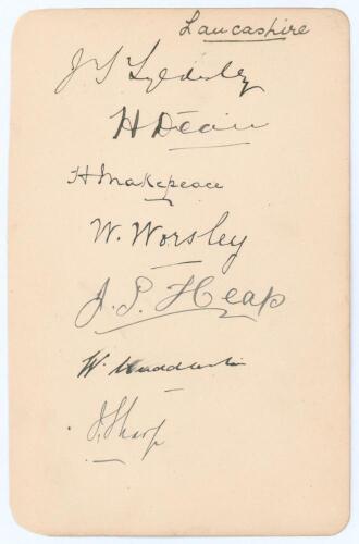 Lancashire C.C.C. 1909. Album page beautifully signed in black ink by seven Lancashire players. Signatures are J.T. &lsquo;Johnny&rsquo; Tyldesely, Harry Dean, Harry Makepeace, William Worsley, James Heap, Wilfred Stoddart and Jack Sharp. Minor smudging to the Stodda