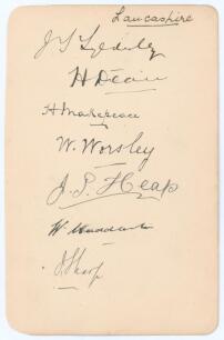 Lancashire C.C.C. 1909. Album page beautifully signed in black ink by seven Lancashire players. Signatures are J.T. &lsquo;Johnny&rsquo; Tyldesely, Harry Dean, Harry Makepeace, William Worsley, James Heap, Wilfred Stoddart and Jack Sharp. Minor smudging to the Stodda