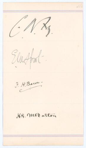 Hampshire C.C.C. 1909. Page very nicely signed in black ink by four Hampshire players. Signatures are C.B. Fry, Edward Sprot, Francis Bacon and the rarer Harold Barton who played only eight first-class matches. Slight smudging to the Fry signature, otherw