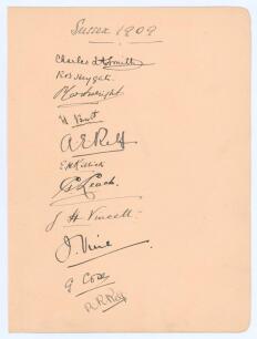 Sussex 1909. Large album page very nicely signed in ink by the Sussex team. Eleven signatures, Charles L.A. Smith (Cpt), R.B. Heygate, H. Butt, A.E. Relf, Killick, Leach, Vincett, Vine, G. Cox and R.R. Relf. The page measures 6.75&rdquo;x9&rdquo;. Early pre WWI signa