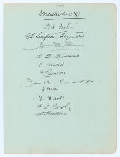 Worcestershire 1909. Large album page very nicely signed in ink by the Worcestershire team. Eleven signatures, H.K. Foster (Cpt), Simpson-Hayward, W.B. Burns, Burrows, Arnold, Pearson, Cuffe, Bale, Hunt, Bowley and W. Hickton. To the verso are four ink si