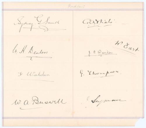Northamptonshire C.C.C. 1911. Page very nicely signed in black ink by nine Northamptonshire players. Signatures are Sydney Smith, William Denton, Fanny Walden, Walter Buswell, George Vials, John Denton, George Thompson, John Seymour, and William East. The