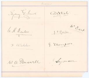 Northamptonshire C.C.C. 1911. Page very nicely signed in black ink by nine Northamptonshire players. Signatures are Sydney Smith, William Denton, Fanny Walden, Walter Buswell, George Vials, John Denton, George Thompson, John Seymour, and William East. The