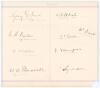 Northamptonshire C.C.C. 1911. Page very nicely signed in black ink by nine Northamptonshire players. Signatures are Sydney Smith, William Denton, Fanny Walden, Walter Buswell, George Vials, John Denton, George Thompson, John Seymour, and William East. The