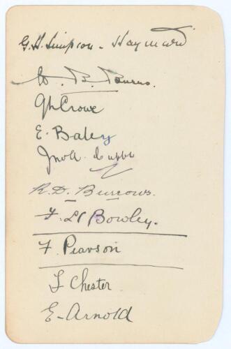 Worcestershire C.C.C. 1911. Album page very nicely signed in black ink by ten Worcestershire players. Signatures are Simpson-Hayward (Captain), Burns, Crowe, Bale, Cuffe, Burrows, Bowley, Pearson, Chester, and Arnold. Very good condition.
