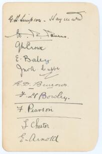 Worcestershire C.C.C. 1911. Album page very nicely signed in black ink by ten Worcestershire players. Signatures are Simpson-Hayward (Captain), Burns, Crowe, Bale, Cuffe, Burrows, Bowley, Pearson, Chester, and Arnold. Very good condition.