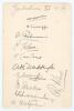 Yorkshire C.C.C. 1926. Large album page very nicely signed by eleven members of the Yorkshire team. Five signatures in black ink of Lupton (Captain), Sutcliffe, Robinson, Holmes and Leyland, six in pencil of Waddington, Oldroyd, Rhodes, Macaulay, Dolphin 