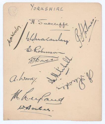Yorkshire C.C.C. 1929. Large album page very nicely signed in ink by eleven members of the Yorkshire team. Signatures are Worsley (Captain), Sutcliffe, Holmes, Macaulay, Robinson, Bowes, Wood, Mitchell, Rhodes, Leyland and W. Barber. Very good condition.