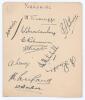 Yorkshire C.C.C. 1929. Large album page very nicely signed in ink by eleven members of the Yorkshire team. Signatures are Worsley (Captain), Sutcliffe, Holmes, Macaulay, Robinson, Bowes, Wood, Mitchell, Rhodes, Leyland and W. Barber. Very good condition.