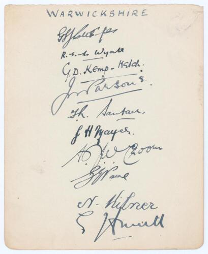 Warwickshire C.C.C. 1929. Large album page very nicely signed in black ink by ten members of the Warwickshire team. Signatures are Calthorpe (Captain), Wyatt, Kemp-Welch, Parsons, Santall, Mayer, Croom, Paine, Kilner and &lsquo;Tiger&rsquo; Smith. Very good condition