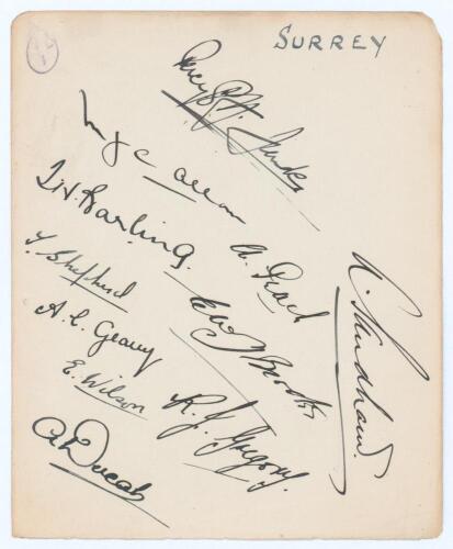 Surrey C.C.C. c.1928/1929. Large album page very nicely signed in black ink by eleven members of the Surrey team. Signatures are Fender (Captain), Sandham, Peach, Allom, Barling, Brooks, Shepherd, Geary, Gregory, Wilson and Ducat. Very good condition.