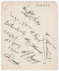 Surrey C.C.C. c.1928/1929. Large album page very nicely signed in black ink by eleven members of the Surrey team. Signatures are Fender (Captain), Sandham, Peach, Allom, Barling, Brooks, Shepherd, Geary, Gregory, Wilson and Ducat. Very good condition.