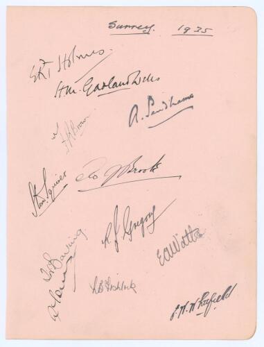 Surrey 1935. Large album page very nicely signed in ink by twelve members of the Surrey team. Signatures are E.R.T. Holmes (Cpt), Garland-Wells, Sandham, Brown, Squires, Gregory, Barling, Fishlock, Whitfield, Watts, Brooks and Gover. The page measures 6.7
