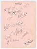 Surrey 1935. Large album page very nicely signed in ink by twelve members of the Surrey team. Signatures are E.R.T. Holmes (Cpt), Garland-Wells, Sandham, Brown, Squires, Gregory, Barling, Fishlock, Whitfield, Watts, Brooks and Gover. The page measures 6.7