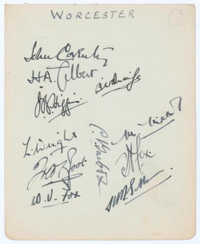 Worcestershire C.C.C. 1929. Large album page very nicely signed in black ink by ten members of the Worcestershire team. Signatures are Coventry (Captain), Gilbert, Quaife, Higgins, Wright, Root, W.V. Fox, Tarbox, Nichol, J. Fox and one other. Very good co