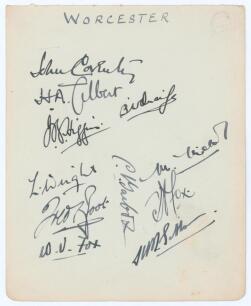 Worcestershire C.C.C. 1929. Large album page very nicely signed in black ink by ten members of the Worcestershire team. Signatures are Coventry (Captain), Gilbert, Quaife, Higgins, Wright, Root, W.V. Fox, Tarbox, Nichol, J. Fox and one other. Very good co