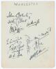 Worcestershire C.C.C. 1929. Large album page very nicely signed in black ink by ten members of the Worcestershire team. Signatures are Coventry (Captain), Gilbert, Quaife, Higgins, Wright, Root, W.V. Fox, Tarbox, Nichol, J. Fox and one other. Very good co