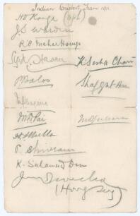 All India tour of England 1911 (1st Indian tour). Rare page signed in pencil by fourteen members of the Indian touring party. Signatures are Kanga, Warden, Meherhomji, Syed Hasan [Hussain], Baloo, Bajana, Pai, Mulla, Shivram, Salam-ud-din, Seshachari, Sha