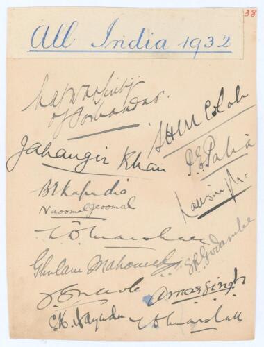 &lsquo;All India 1932&rsquo;. Album page very nicely signed in ink to verso by fourteen members of the India touring party. Signatures include Natwarsinhji Bhavsinhji, Maharaja of Porbandar (Cpt), Nayudu (Test Captain), Palia, Ghulam Mohamad, Naoomal, Godambe, Jahan