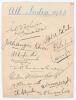 &lsquo;All India 1932&rsquo;. Album page very nicely signed in ink to verso by fourteen members of the India touring party. Signatures include Natwarsinhji Bhavsinhji, Maharaja of Porbandar (Cpt), Nayudu (Test Captain), Palia, Ghulam Mohamad, Naoomal, Godambe, Jahan