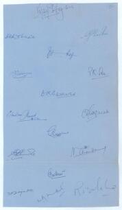 All Indian tour of England 1952. A large ledger size sheet of blue paper very nicely signed in ink by sixteen members of the Indian touring party to England in 1952 . Signatures include Hazare, Roy, Gaekwad, Shinde, Umrigar, Mantri, Ahmed, Sen, Ramchand e